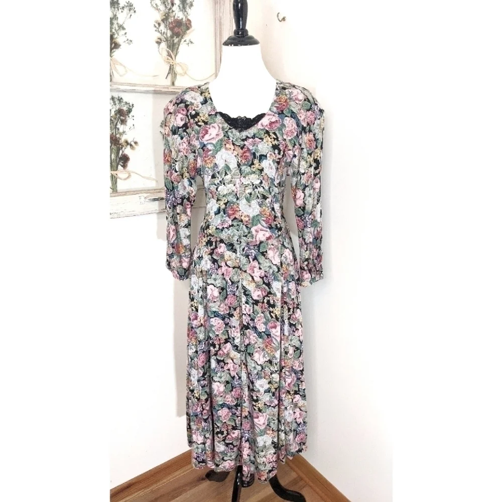 Vintage 80's 90's Floral Long Midi Dress - Picture 12 of 12